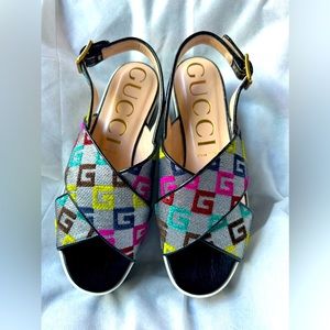 Genuine GUCCI Peggy Slingbacks Platform Sandals Wedge G Logo Silver size 39 9